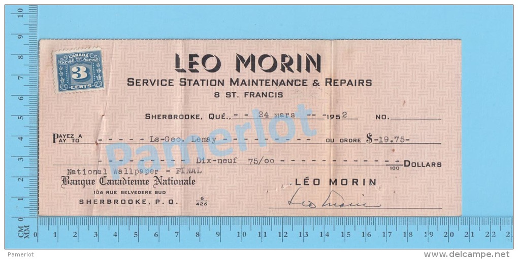 Sherbrooke 1952  Check Cheque ( $19.75 , Leo Morin Service Station ,  Tax Stamp FX 64 )Quebec Qc. 2 SCANS - Chèques & Chèques De Voyage