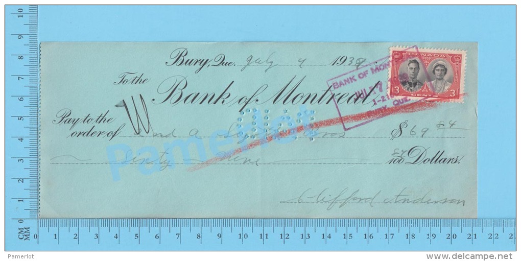 Bury 1939 Cheque ( $69.84 , A. &amp; A. Lizotte Bros., Stamp Scott #248 )Quebec Qc. 2 SCANS - Cheques & Traveler's Cheques