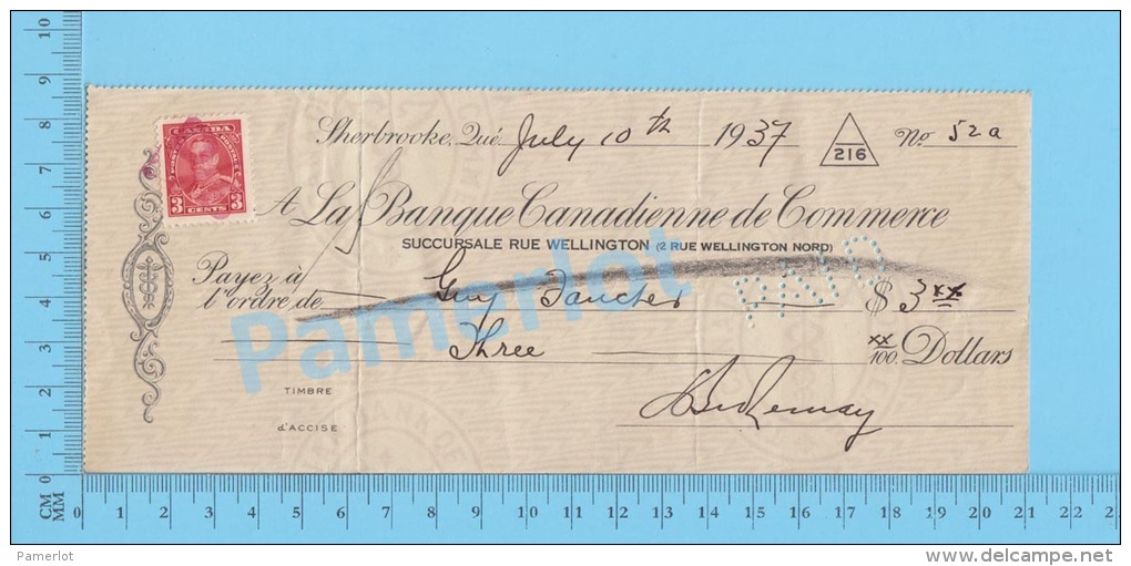 Sherbrooke 1937 Cheque ( $3.00 , Guy Faucher. Stamp Scott  #219 )Quebec Qc. 2 SCANS - Schecks  Und Reiseschecks