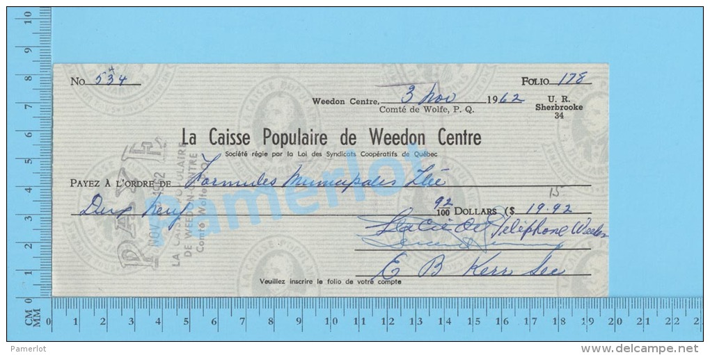 Weedon 1962 Cheque ( $19.92 , Formules Municipales Ltée,  Caisse Populaire Weedon)Quebec Qc. 2 SCANS - Chèques & Chèques De Voyage