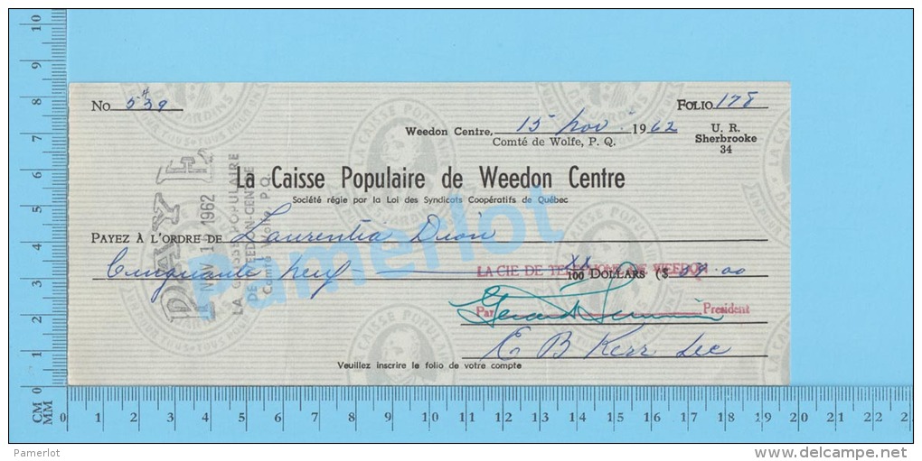 Weedon 1962 Cheque ( $59.00 , La Compagnie De Téléphone Weedon,  Laurentia Dion )Quebec Qc. 2 SCANS - Schecks  Und Reiseschecks