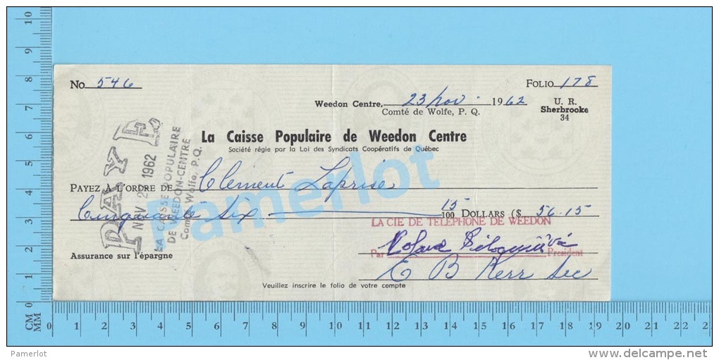 Weedon 1962 Cheque ( $56.15 ,Clement Laprise ,  Compagnie De Téléphone De Weedon )Quebec Qc. 2 SCANS - Chèques & Chèques De Voyage