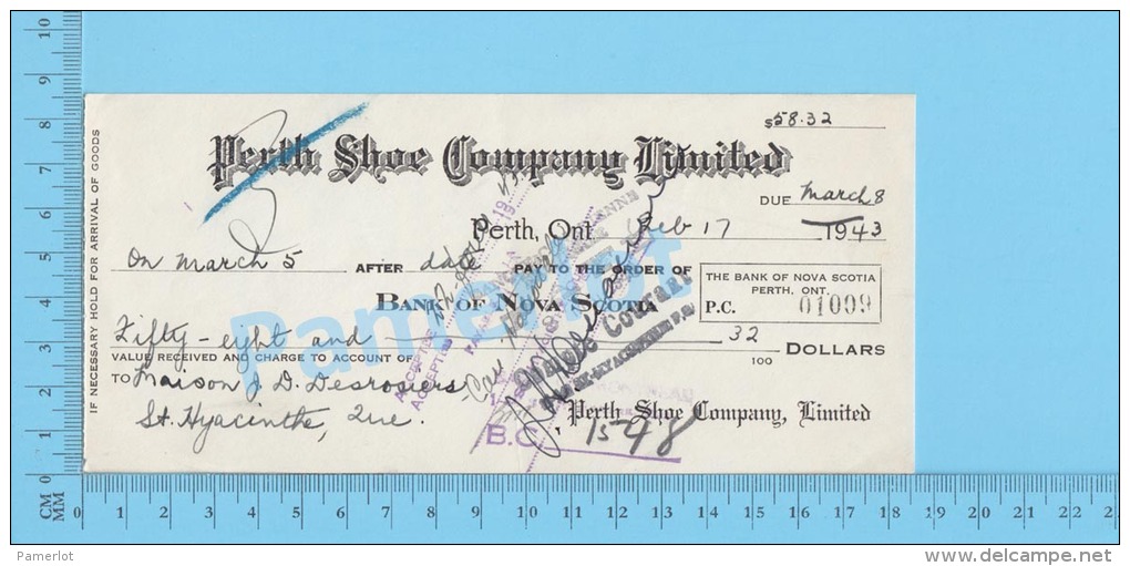 Perth 1943 Cheque ( $58.32 ,Maison Desrosiers , Perth Shoe Company Lte  ) Ontario Ont. 2 SCANS - Schecks  Und Reiseschecks