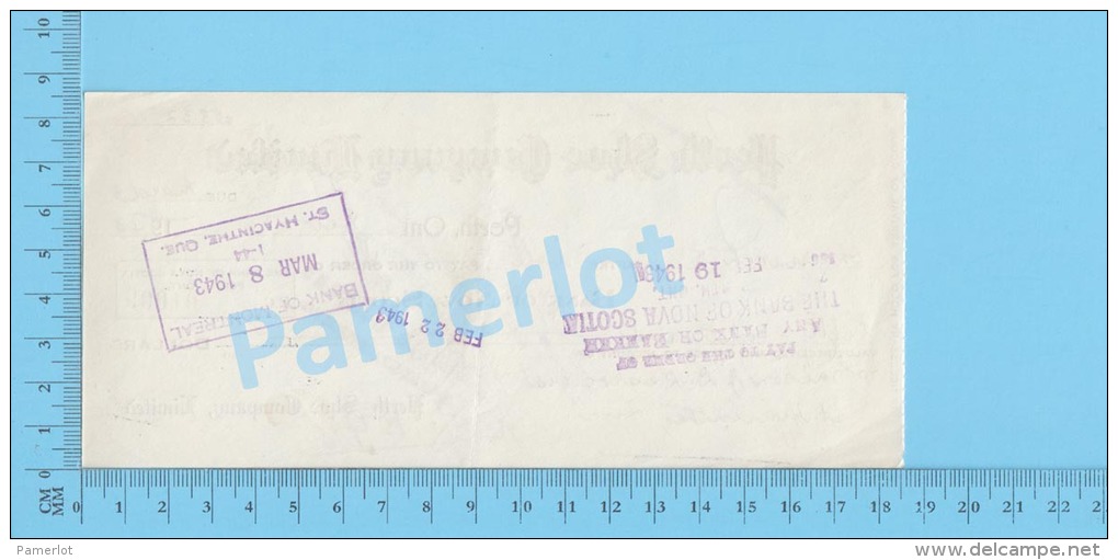 Perth 1943 Cheque ( $58.32 ,Maison Desrosiers , Perth Shoe Company Lte  ) Ontario Ont. 2 SCANS - Chèques & Chèques De Voyage