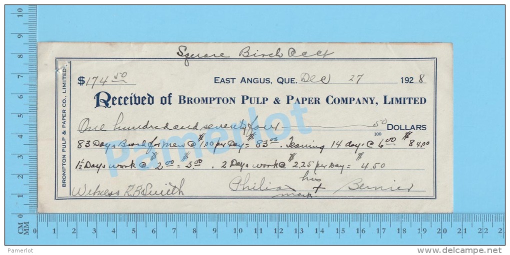 East Angus  Quebec Canada 1928 Reçu ( $174.50 ,Signature D'une Croix  Brompton Pulp & Paper Co. Lté. ) 2 SCANS - Schecks  Und Reiseschecks