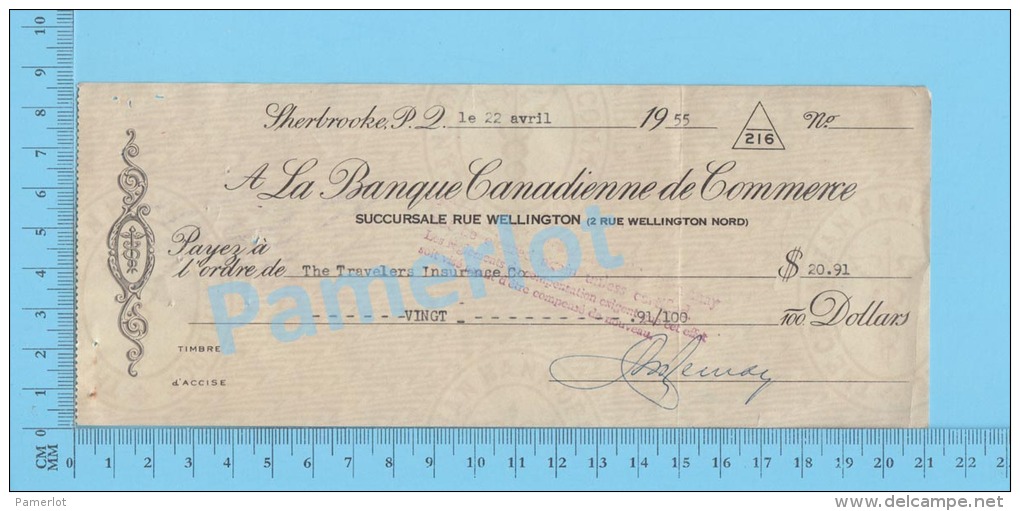 Sherbrooke Quebec Canada  1955 Cheque Rebondit ( $20.91 ,Avis Banquaire De Manquement De Fond  ) 3 SCANS - Schecks  Und Reiseschecks