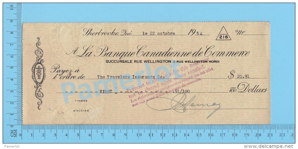 Sherbrooke Quebec Canada  1954 Cheque ( $20.91 ,Avis Banquaire De Manquement De Timbres Et Andorsed )  3 SCANS - Chèques & Chèques De Voyage