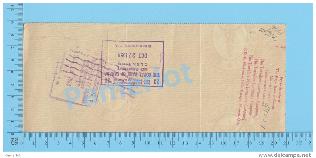 Sherbrooke Quebec Canada  1954 Cheque ( $20.91 ,Avis Banquaire De Manquement De Timbres Et Andorsed )  3 SCANS - Cheques & Traveler's Cheques