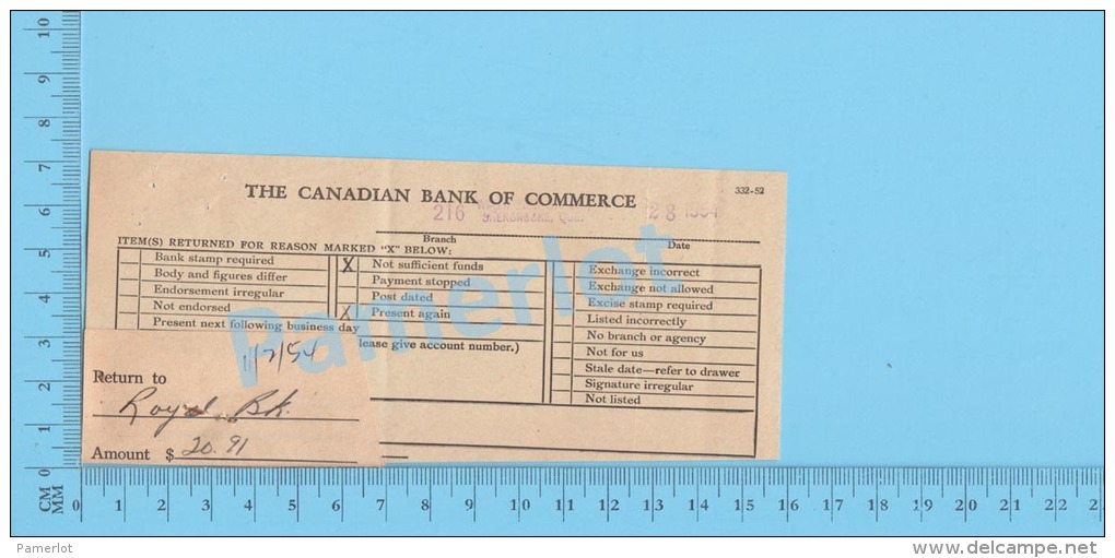 Sherbrooke Quebec Canada  1954 Cheque ( $20.91 ,Avis Banquaire De Manquement De Timbres Et Andorsed )  3 SCANS - Chèques & Chèques De Voyage