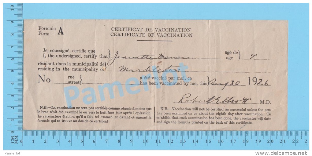 Marbleton Quebec Canada  1926 Certificat De Vaccination ( Janette Manseau 9 Ans  )  3 SCANS - Documents Historiques