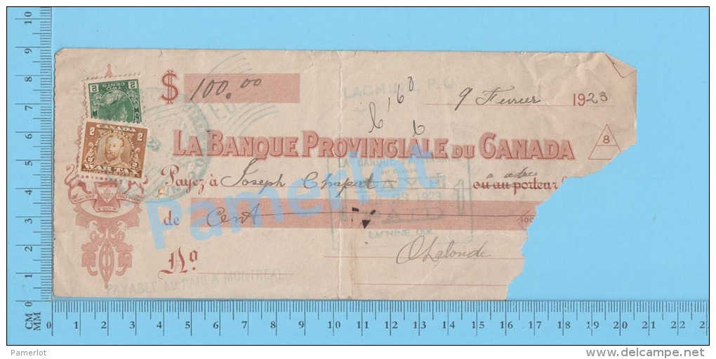 Lachine  Quebec Canada 1923 Cheque ( $100.00, Joseph Chapert, Banque Provinciale Du Canada, #107, +FWT8   ) 3 SCANS - Cheques & Traveler's Cheques