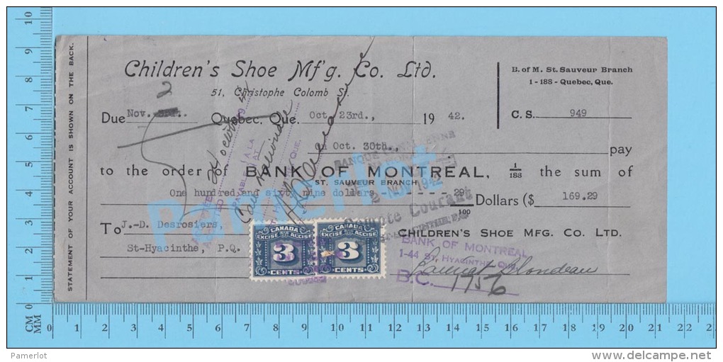 St. Sauveur  Quebec Canada 1942 Promesse ( $169.29 , Children Shoe Mf´g Co + R Tax Stamp 2 X  FX64   )  3 SCANS - Schecks  Und Reiseschecks