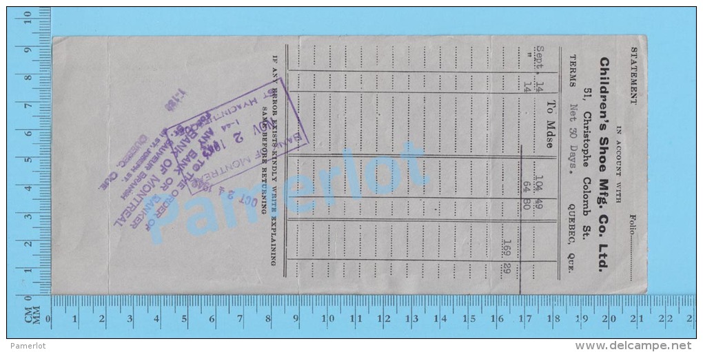 St. Sauveur  Quebec Canada 1942 Promesse ( $169.29 , Children Shoe Mf´g Co + R Tax Stamp 2 X  FX64   )  3 SCANS - Cheques & Traveler's Cheques