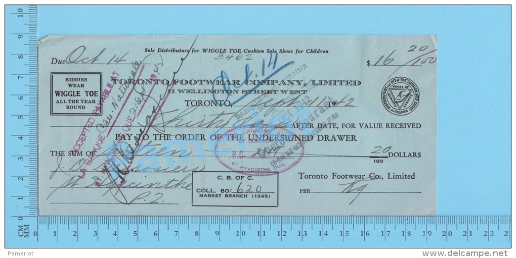 Toronto 1942 Cheque ( $16.20, Toronto Footwear Co. Lte, Tax Stamp FX64 At Back  )Ontario Ont. 3 SCANS - Schecks  Und Reiseschecks