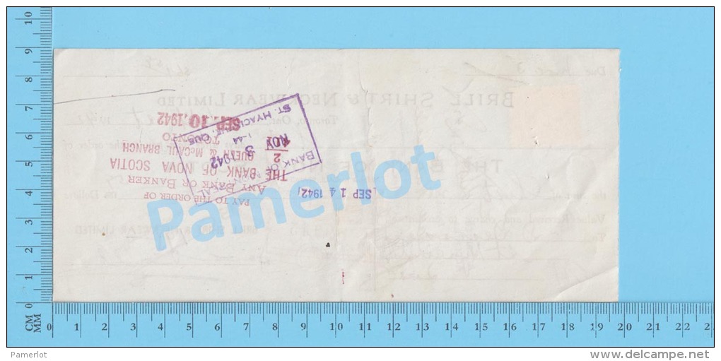 Toronto 1942 Cheque ( $61.59, Brill Shirt &amp; Neckwear Ltee, Tax Stamp FX64   ) Ontario Ont. 2 SCANS - Cheques & Traveler's Cheques