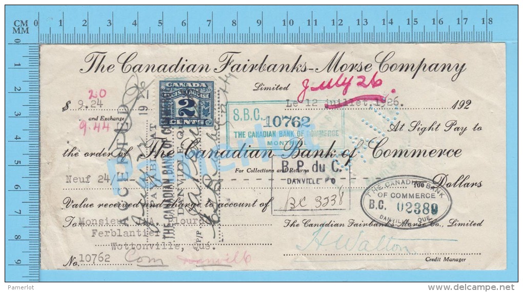 Danville 1926 Collection  ( $9.24, Canadian Fairbanks Morse Co., Tax Stamp FX36  ) Quebec Qc. 2 SCANS - Canada