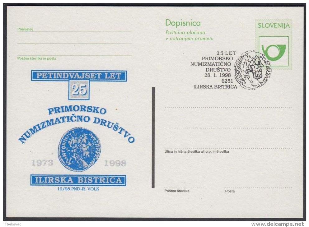 Slovenia 1998, Postal Stationery "Numizmatic Society Ilirska Bistrica" W./special Postmark "Ili.Bistrica 1998", Ref.bbzg - Slovénie