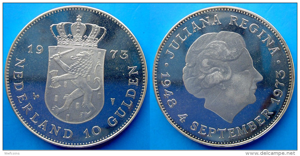 NETHERLANDS 10 G 1973 ARGENTO PROOF SILVER JULIANA REGINA 4 SETTEMBRE 1973 PESO 25g TITOLO 0,720 CONSERVAZIONE FONDO SPE - Altri & Non Classificati