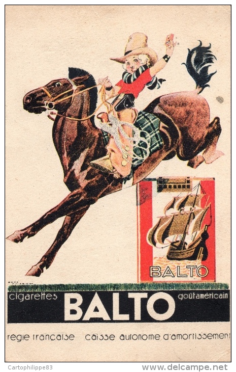 CPA CIGARETTES  BALTO  GOUT AMERICAIN CAVALIER RODEO TABAC - Publicité