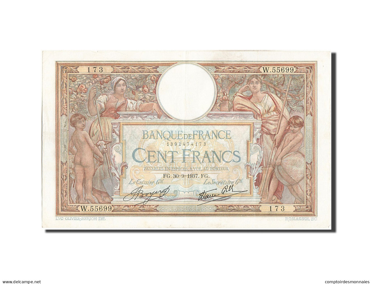 Billet, France, 100 Francs, 100 F 1908-1939 ''Luc Olivier Merson'', 1937 - 100 F 1908-1939 ''Luc Olivier Merson''