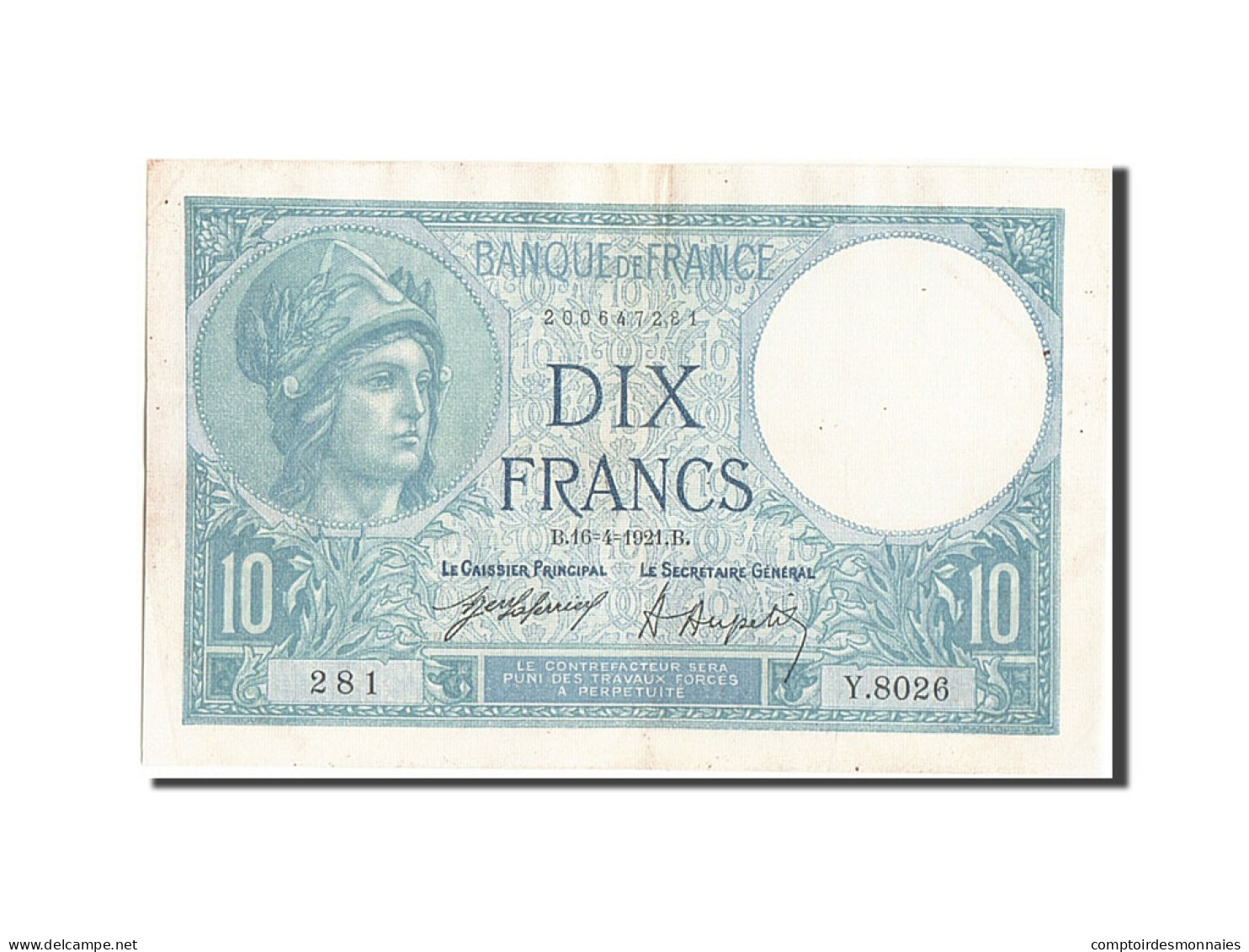 Billet, France, 10 Francs, 10 F 1916-1942 ''Minerve'', 1921, 1921-04-16, TTB+ - 10 F 1916-1942 ''Minerve''