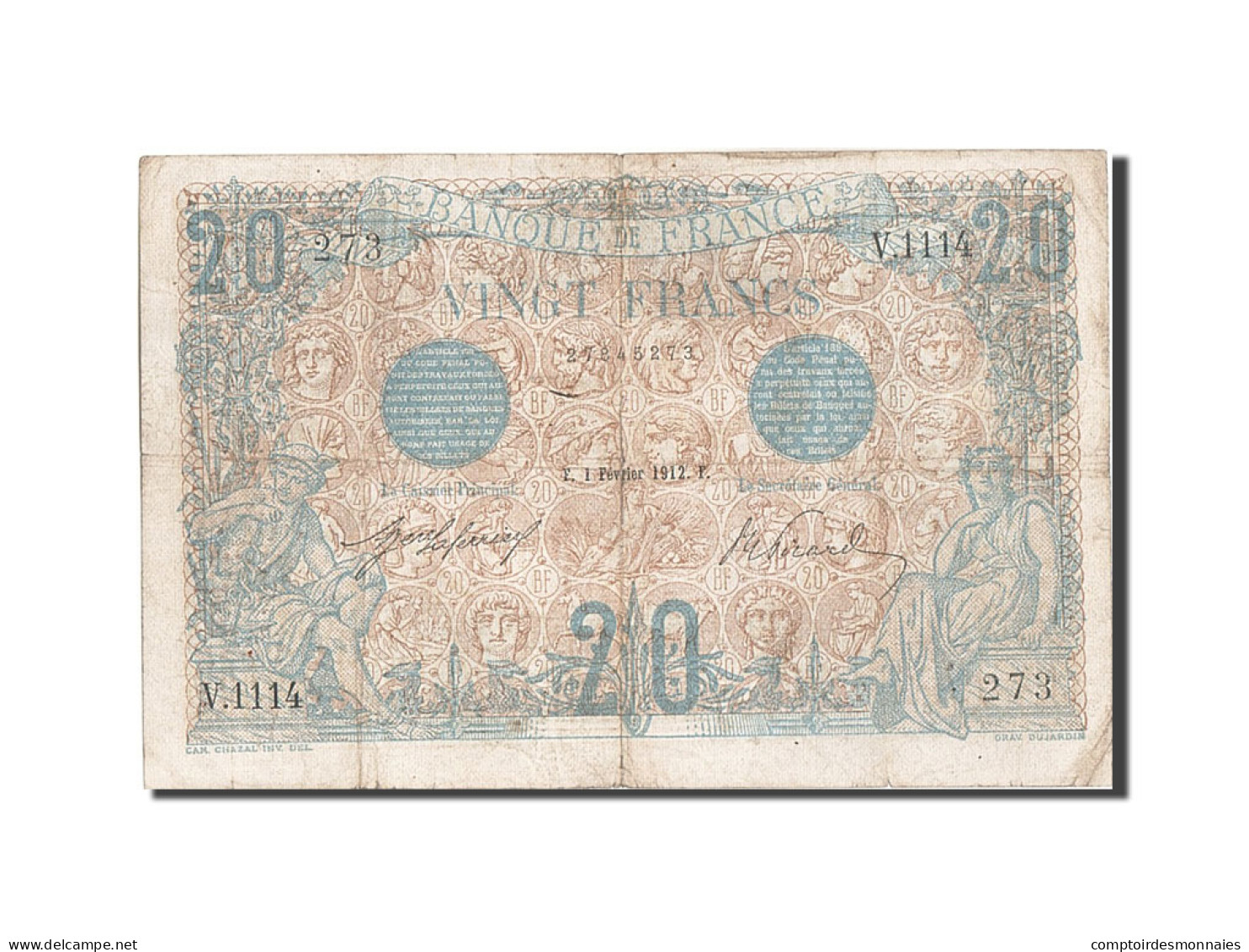 Billet, France, 20 Francs, 20 F 1905-1913 ''Bleu'', 1912, 1912-02-01, TTB - 20 F 1905-1913 ''Bleu''