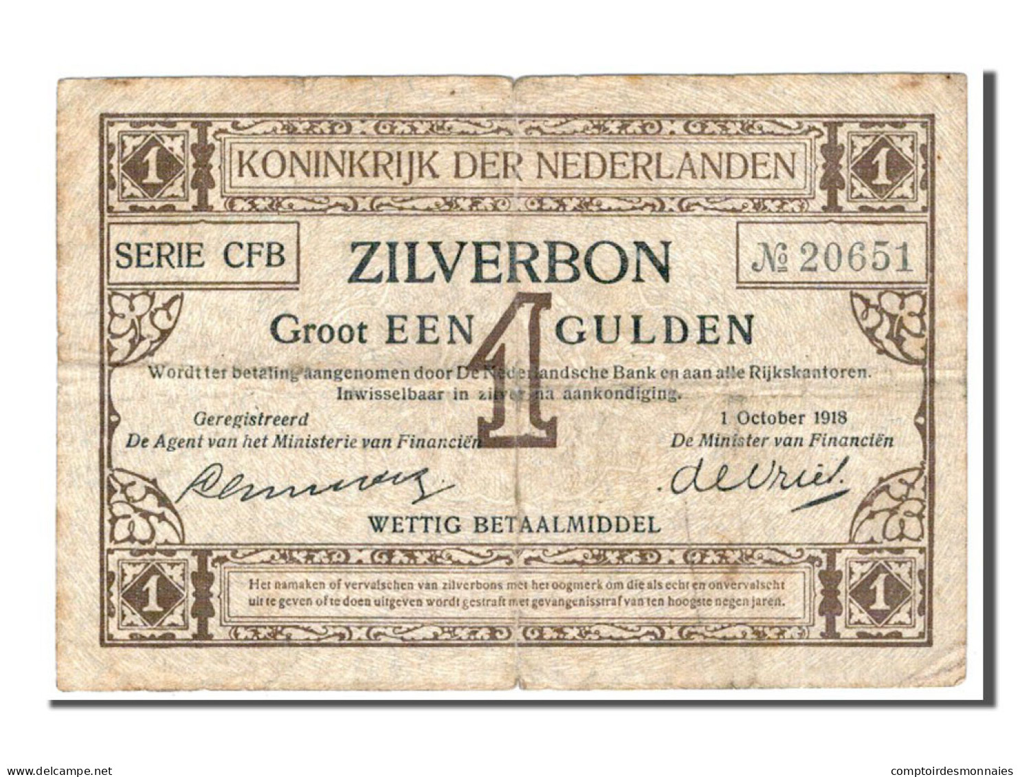 Billet, Pays-Bas, 1 Gulden, 1918, TB - 1 Florín Holandés (gulden)
