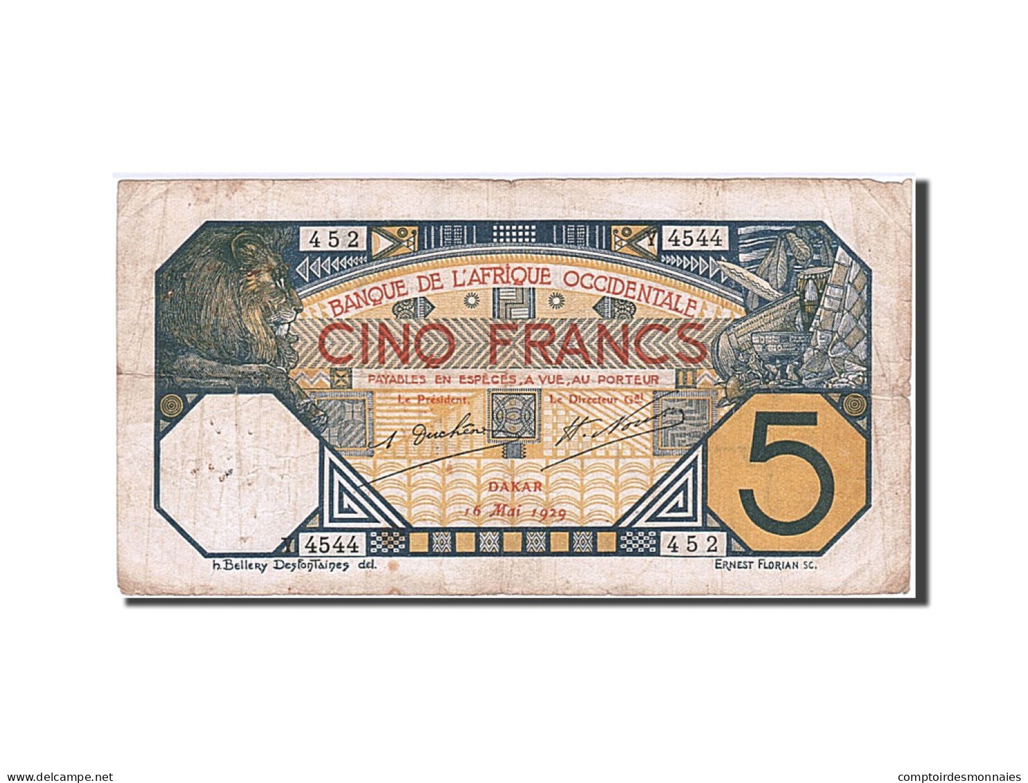 Billet, French West Africa, 5 Francs, 1929, 1929-05-16, TB - Sonstige – Afrika