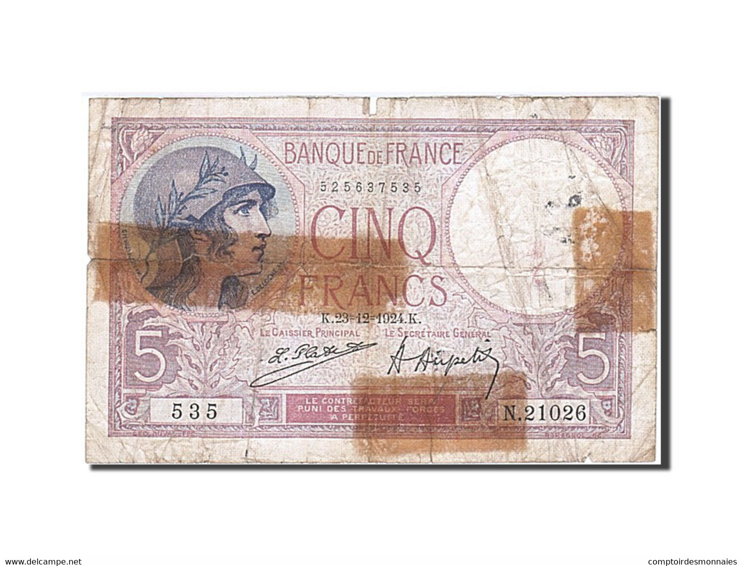 Billet, France, 5 Francs, 5 F 1917-1940 ''Violet'', 1924, 1924-12-23, B - 5 F 1917-1940 ''Violet''