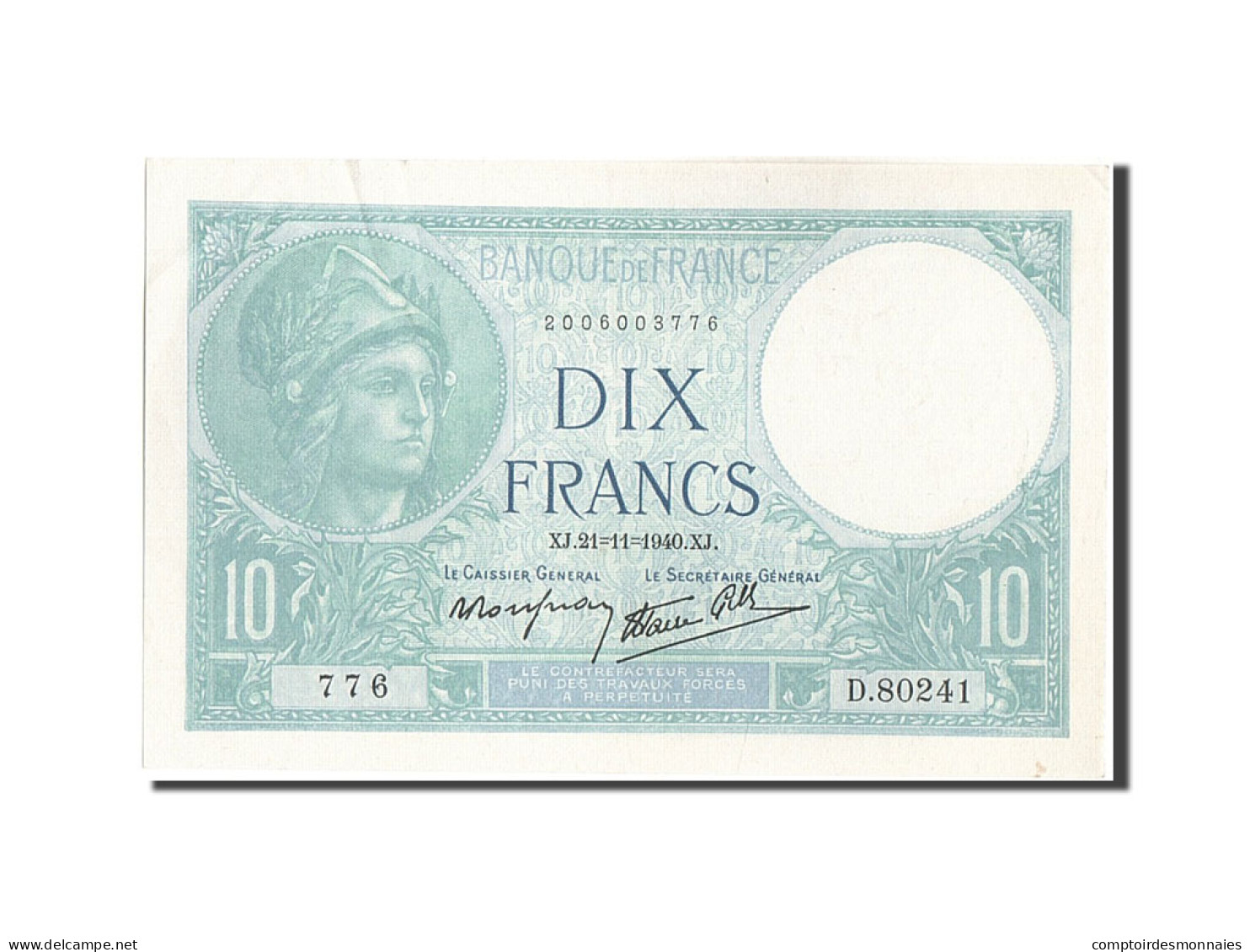 Billet, France, 10 Francs, 10 F 1916-1942 ''Minerve'', 1940, 1940-11-21, SUP - 10 F 1916-1942 ''Minerve''