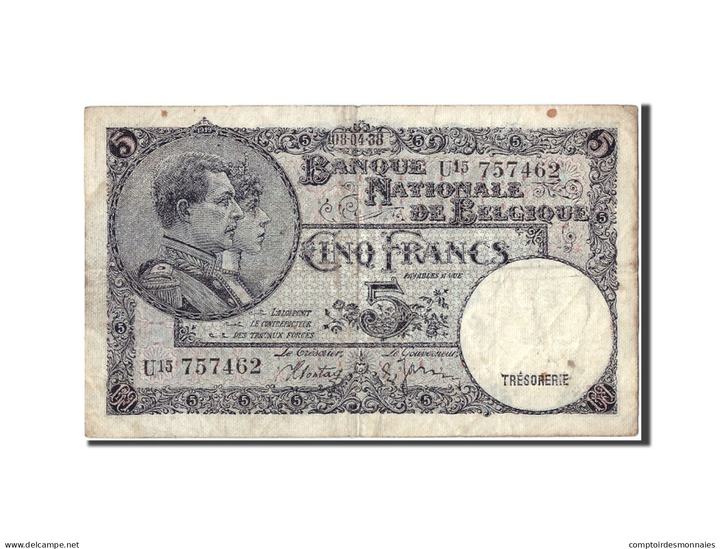 Billet, Belgique, 5 Francs, 1938, 1938-04-08, TB - 5 Franchi