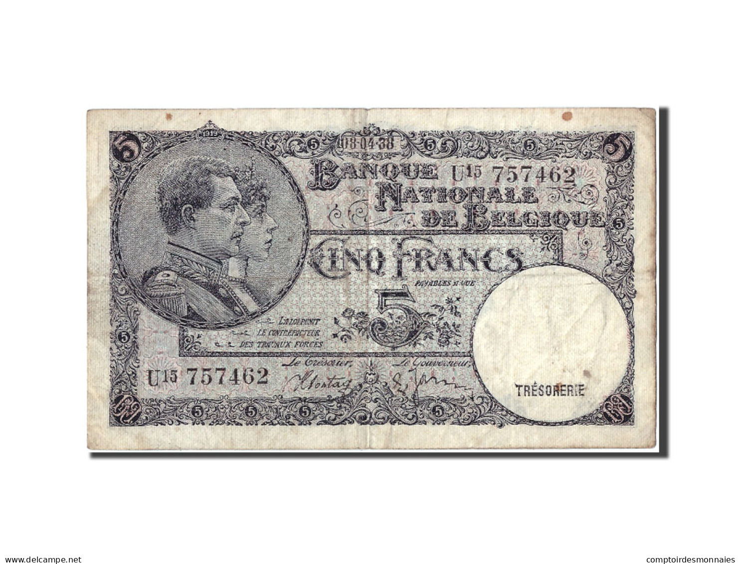 Billet, Belgique, 5 Francs, 1938, 1938-04-08, TB - 5 Francos