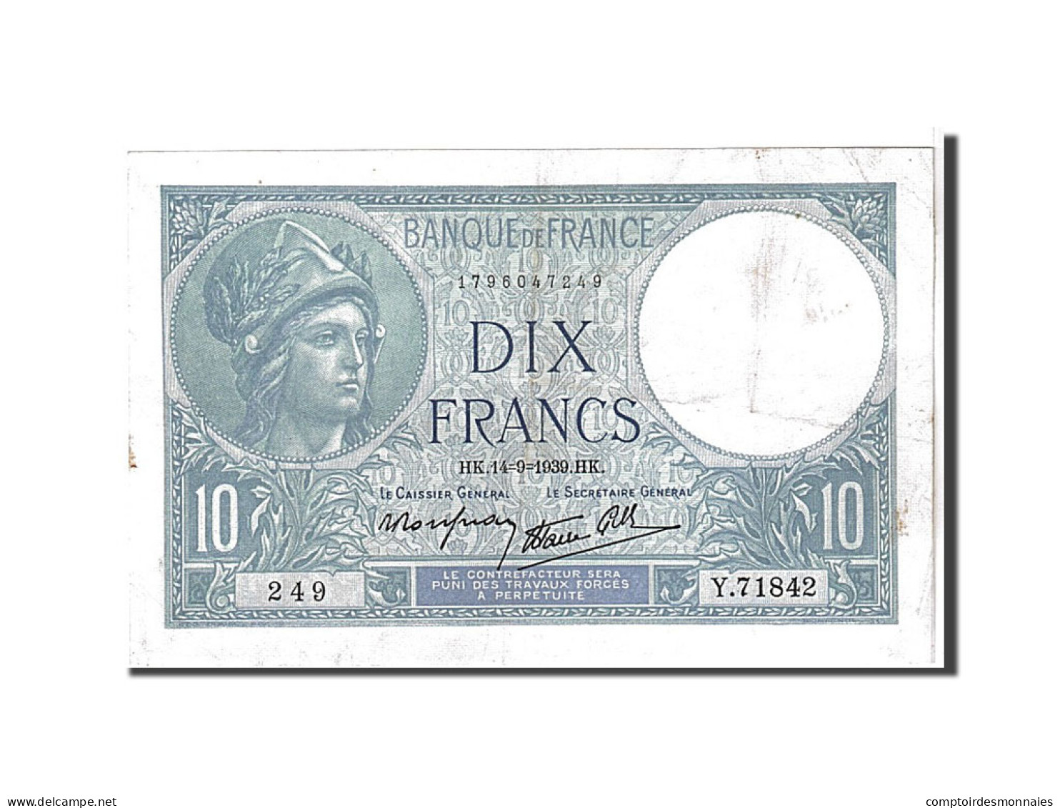 Billet, France, 10 Francs, 10 F 1916-1942 ''Minerve'', 1939, TTB, Fayette:7.7 - 10 F 1916-1942 ''Minerve''
