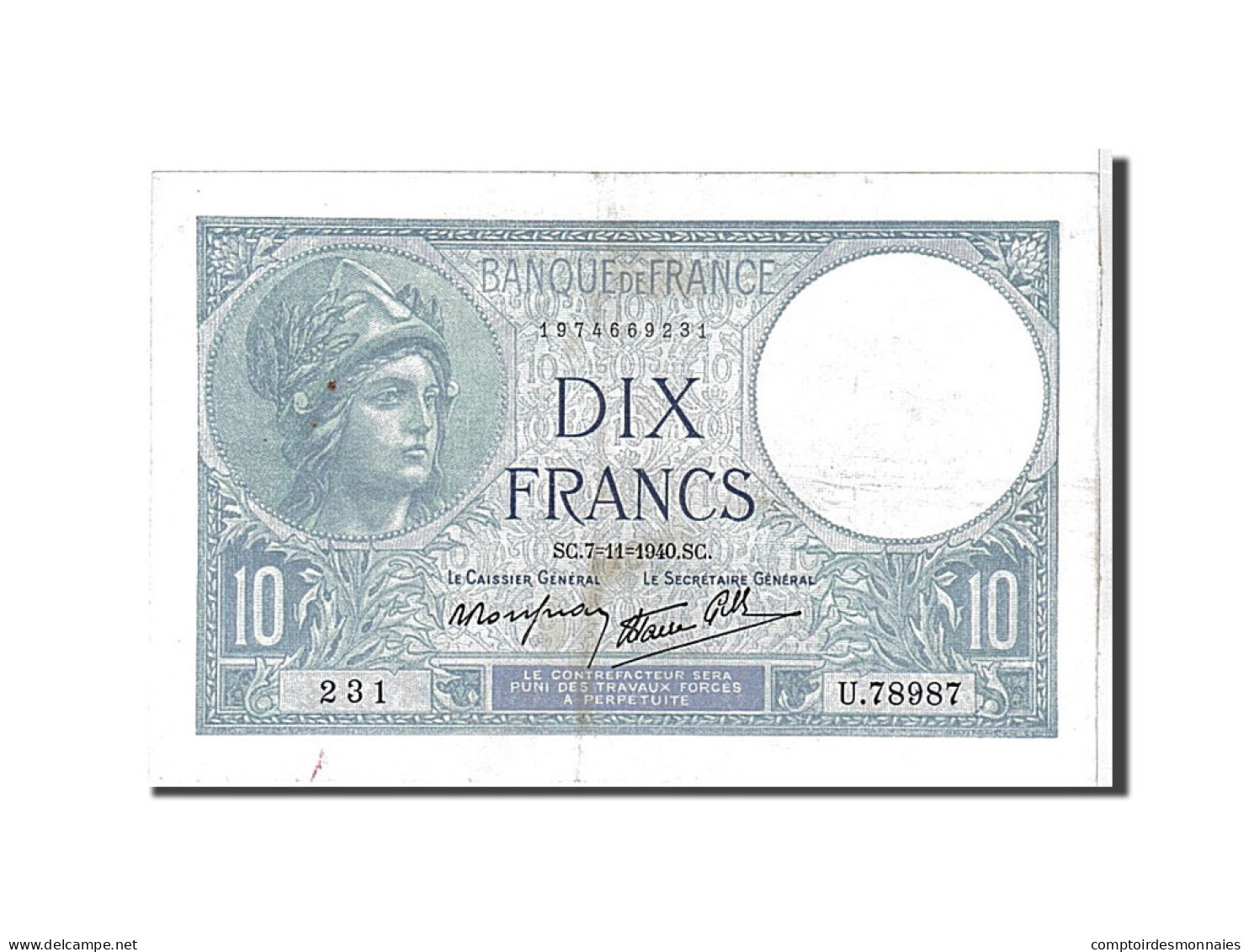 Billet, France, 10 Francs, 10 F 1916-1942 ''Minerve'', 1940, TTB+, Fayette:7.19 - 10 F 1916-1942 ''Minerve''