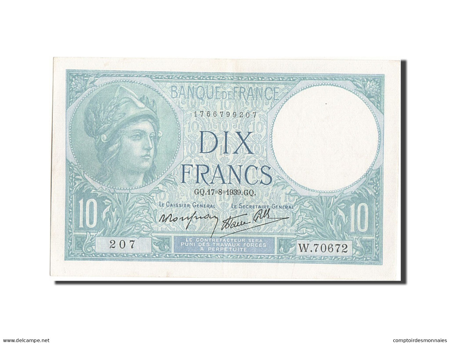 Billet, France, 10 Francs, 10 F 1916-1942 ''Minerve'', 1939, NEUF, Fayette:7.5 - 10 F 1916-1942 ''Minerve''