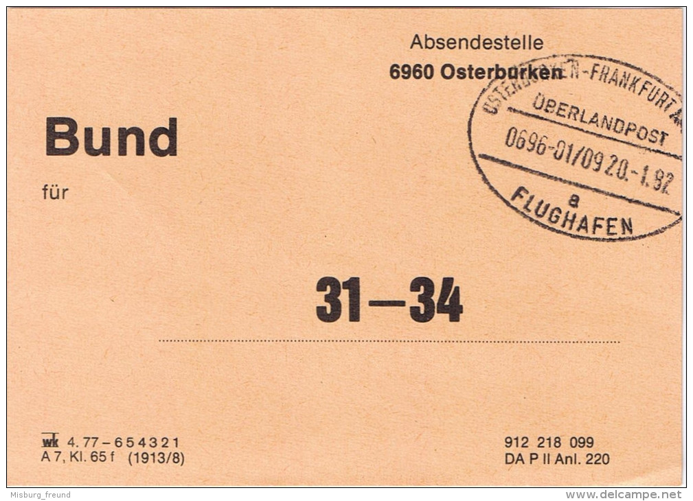 E1330 Vorbindezettel Bahnpost "OSTERBURKEN-FRANKFURT AM MAIN FLUGHAFEN" 1982 ÜPU - Oblitérés