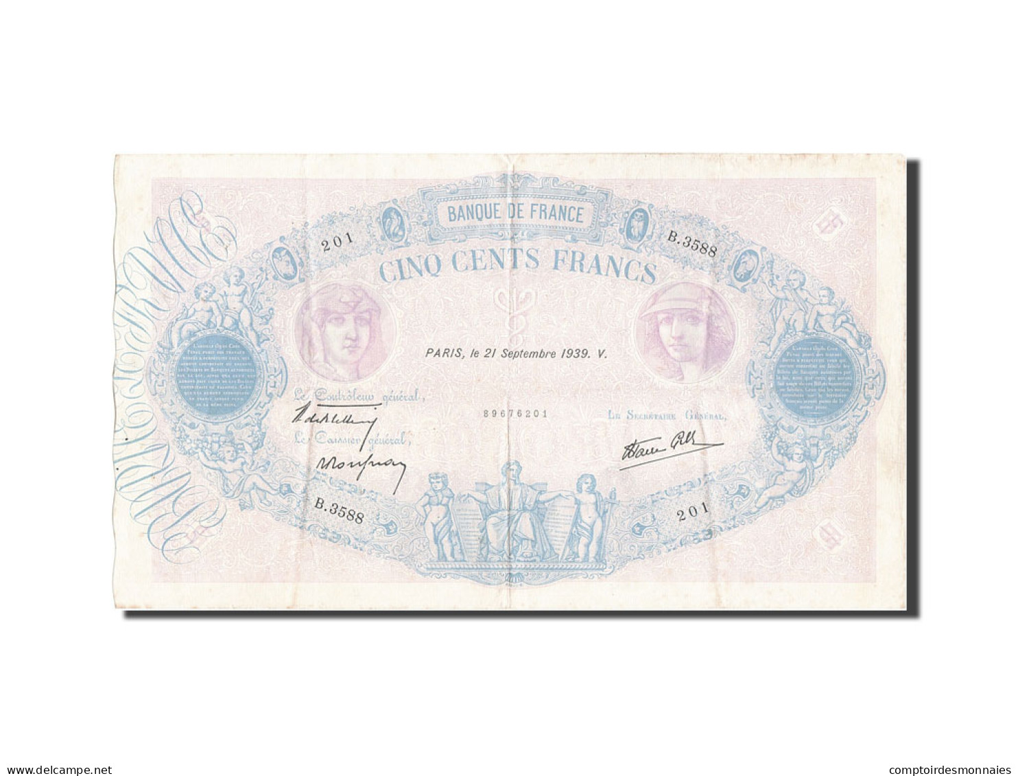 Billet, France, 500 Francs, 500 F 1888-1940 ''Bleu Et Rose'', 1939, 1939-09-21 - 500 F 1888-1940 ''Bleu Et Rose''