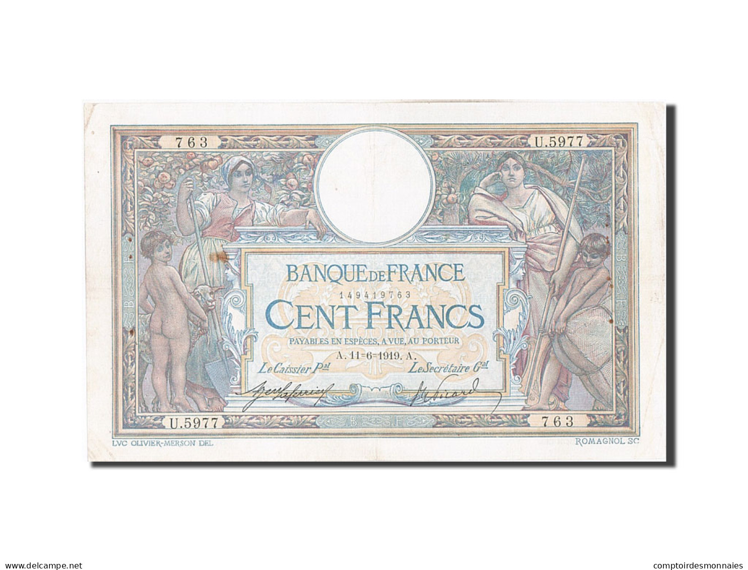 Billet, France, 100 Francs, 100 F 1908-1939 ''Luc Olivier Merson'', 1919 - 100 F 1908-1939 ''Luc Olivier Merson''