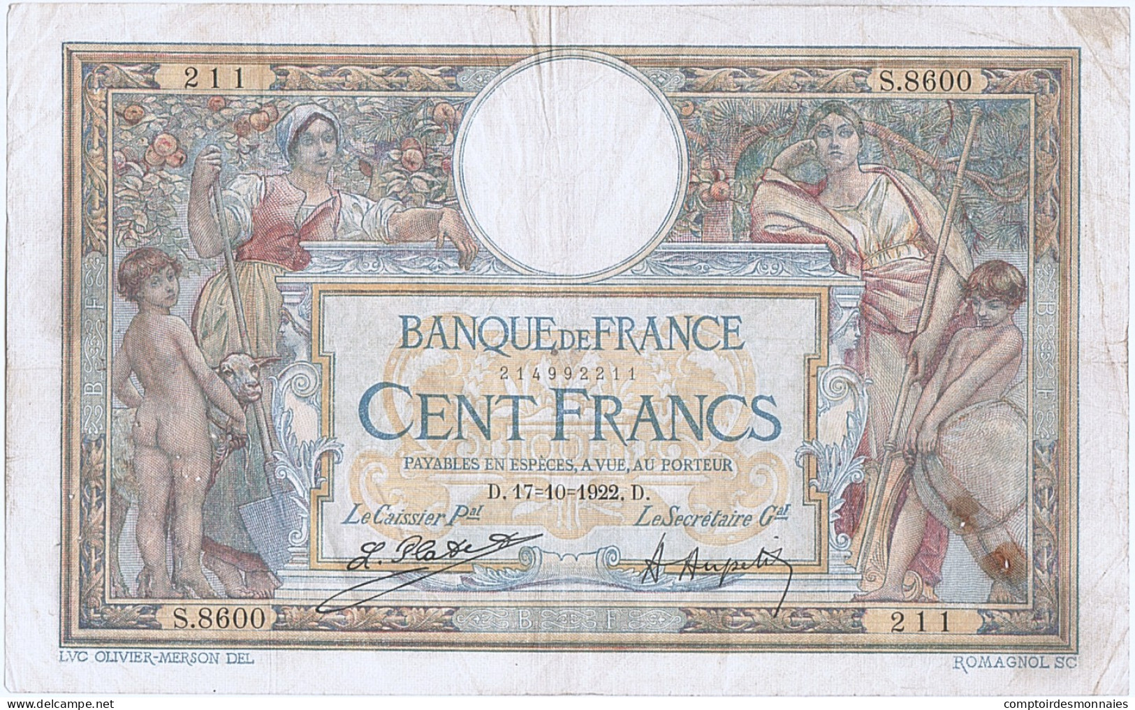 Billet, France, 100 Francs, 100 F 1908-1939 ''Luc Olivier Merson'', 1922 - 100 F 1908-1939 ''Luc Olivier Merson''