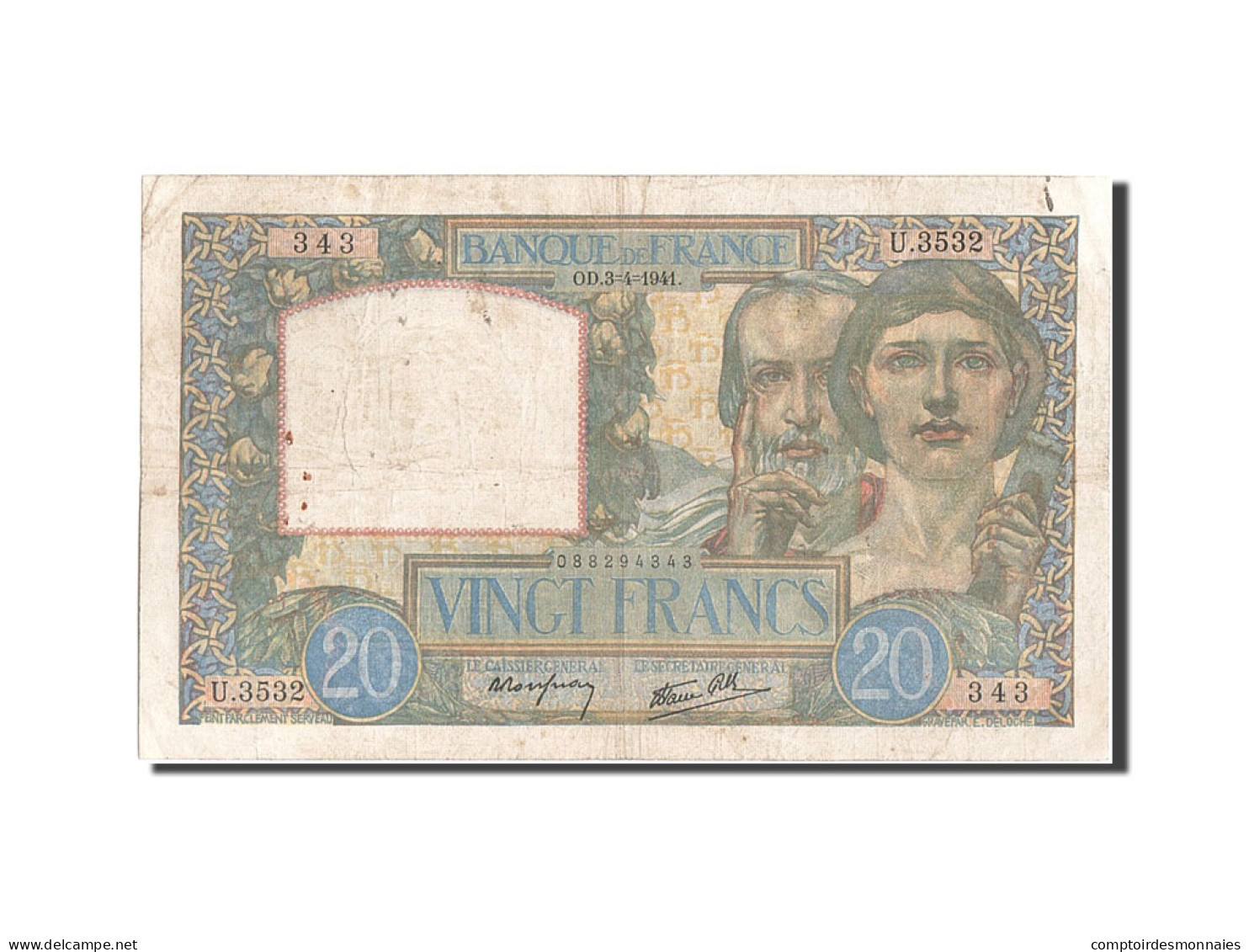 Billet, France, 20 Francs, 20 F 1939-1942 ''Science Et Travail'', 1941 - 20 F 1939-1942 ''Science Et Travail''