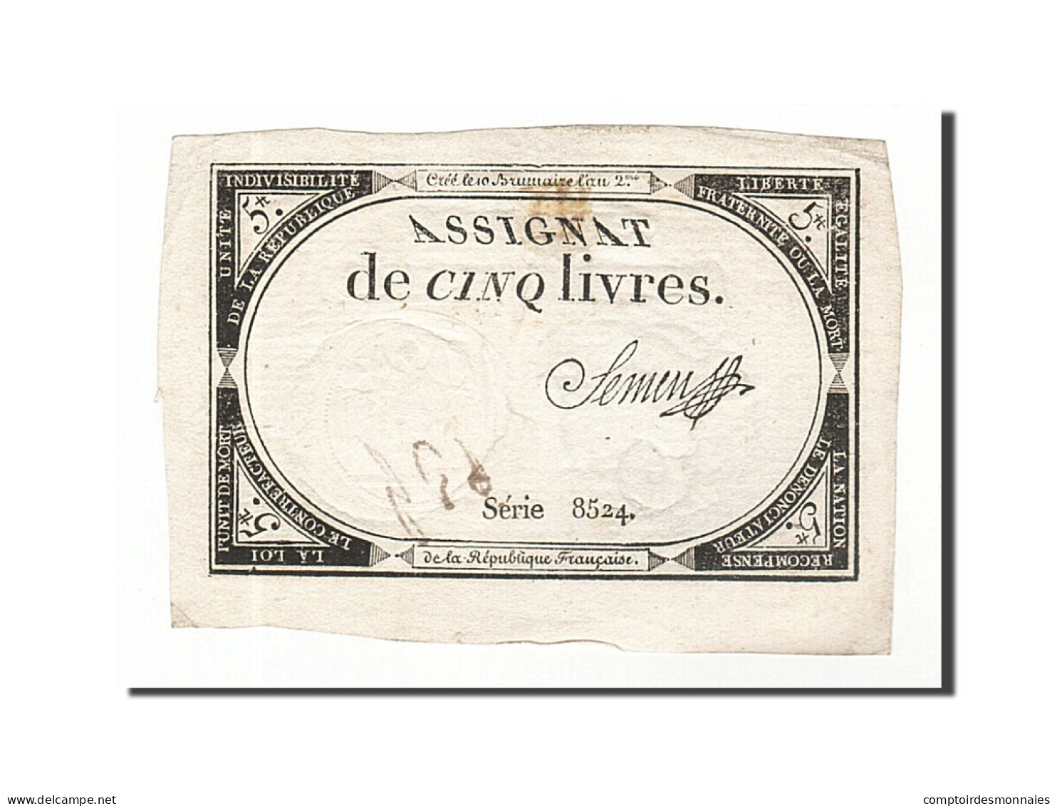 Billet, France, 5 Livres, 1793, Semen, TTB, KM:A76, Lafaurie:171 - Assignats