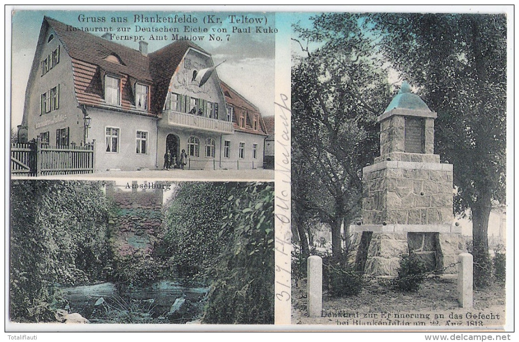 Gruss Aus BLANKENFELDE Kr Teltow Restaurant Zur Deutschen Eiche Von Paul Kuko Denkmal 1813 Datiert 31.7.1914 - Blankenfelde