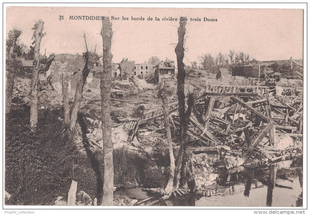 Somme 80 - MONTDIDIER Sur Les Bords De La Rivière Des Trois Doms Ruines Bombardements Guerre Ww1 Maison Arbres - Montdidier