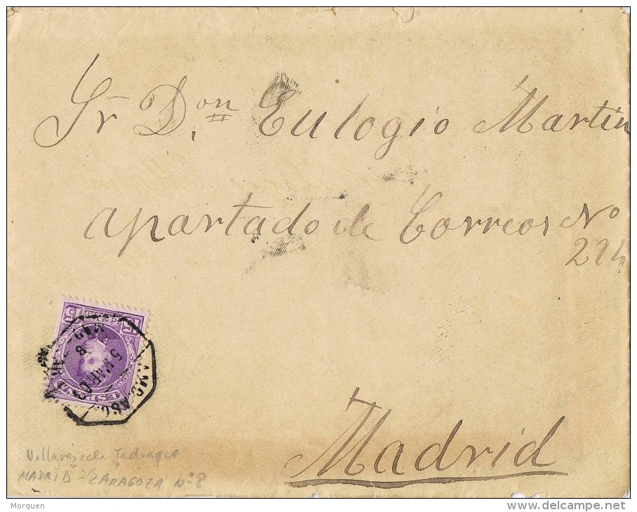 12608. Carta VILLARES De JADRAQUE (Guadalajara) 1908. AMBULANTE Ferrocarril - Storia Postale