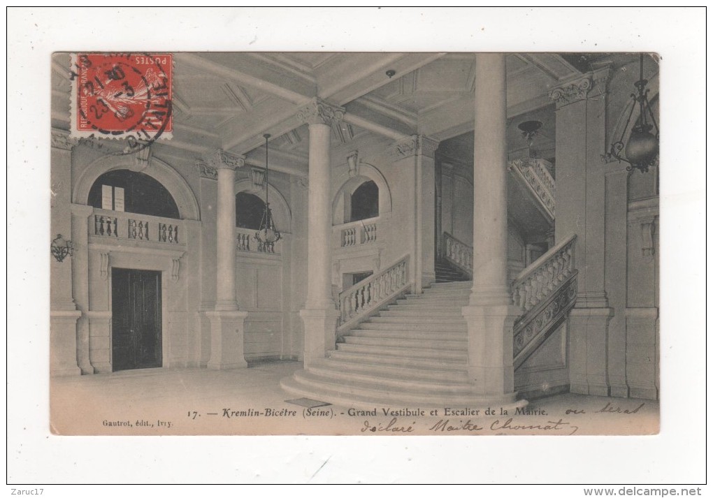 Carte Postale  KREMLIN BICETRE 1907  SEINE GRAND VESTIBULE ET ESCALIER DE LA MAIRIE - Kremlin Bicetre