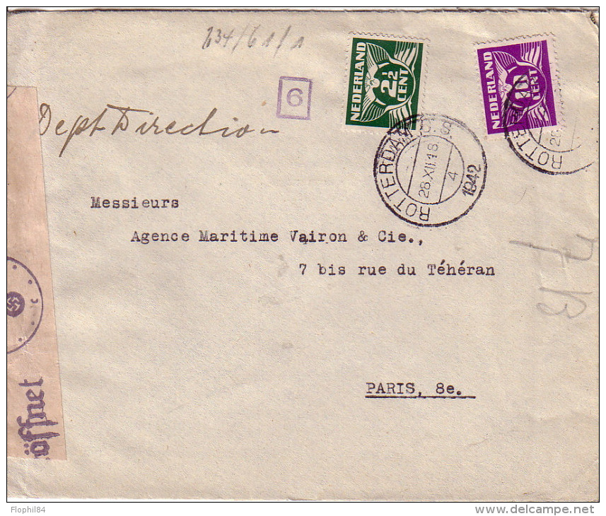 PAYS-BAS - BANDE DE CENSURE ALLEMANDE - LETTRE DE ROTTERDAM POUR PARIS LE 18-12-1942. - Poststempels/ Marcofilie