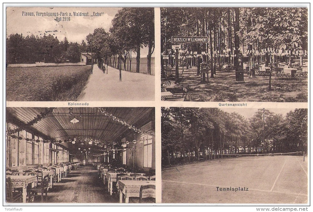 PLAUEN Waldrestaurant ECHO Kolonnade InterieurTennisplatz Gartenansicht 1.4.1929 Gelaufen - Plauen