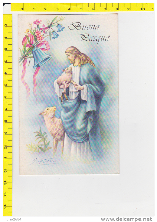 BA-48 BIGLIETTO AUGURALE BUONA PASQUA GESU PECORE CAMPANA CAMPANE CLOCHE ILLUSTRAZIONE FIRMATA - Pasen