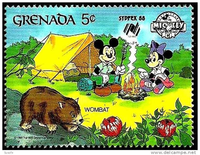 Granada 1988 Scott 1642 Sello ** Walt Disney SYDPEX Australia Camping Mickey Y Minnie Mouse Con Wombat Grenada Mi. 1810 - Disney