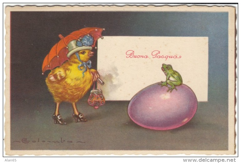 Buona Pasqua Happy Easter, Colombo Aritst Signed, Frog Chick With Umbrella Egg, C1930s Vintage Postcard - Colombo, E.